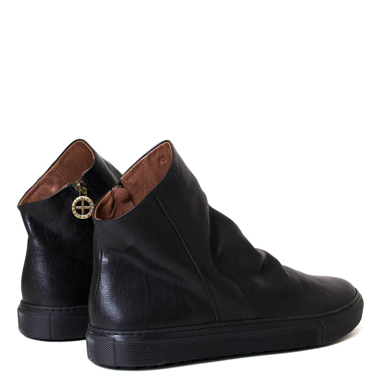 Black leather high-top sneakers with brown interior on a white background