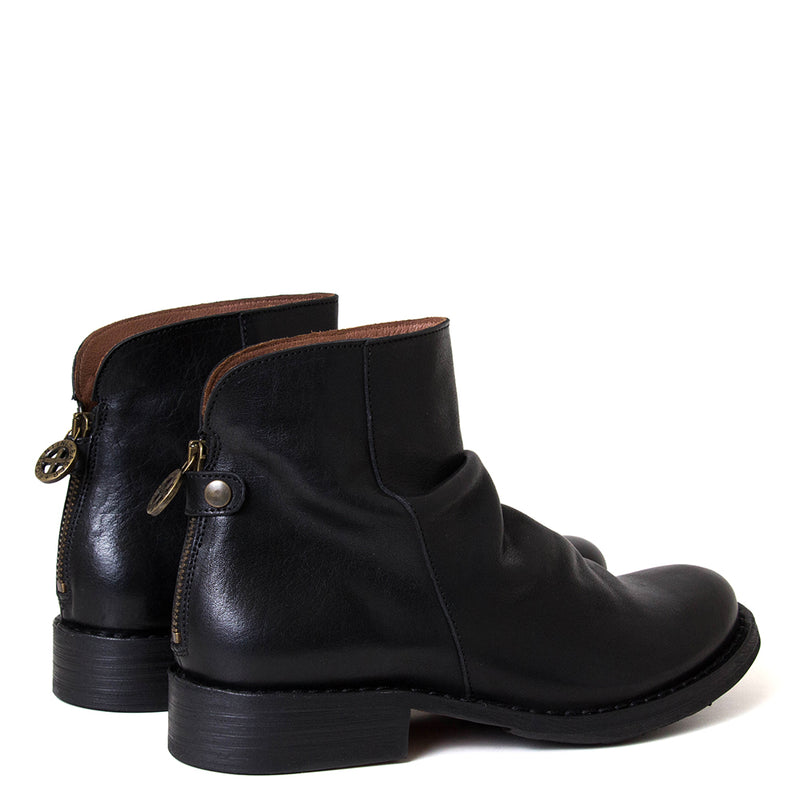 Black leather ankle boots with zipper details on a white background