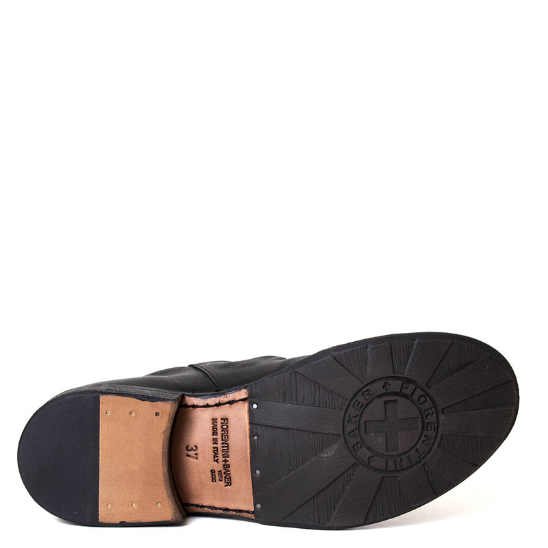 Black leather boot sole with brand logo on a white background