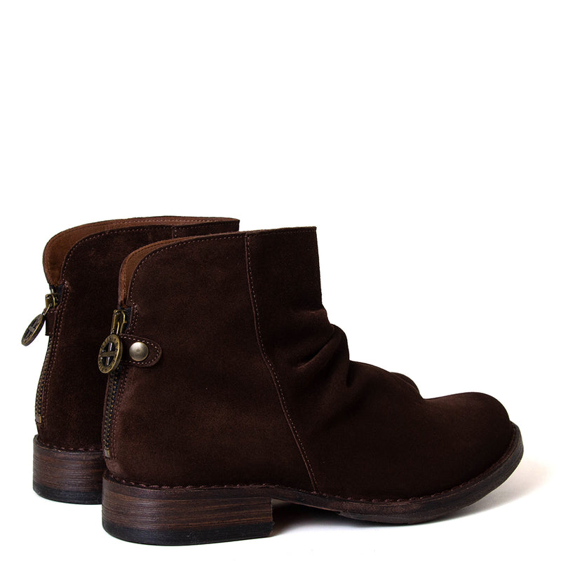 Brown suede ankle boots with decorative buttons on a white background