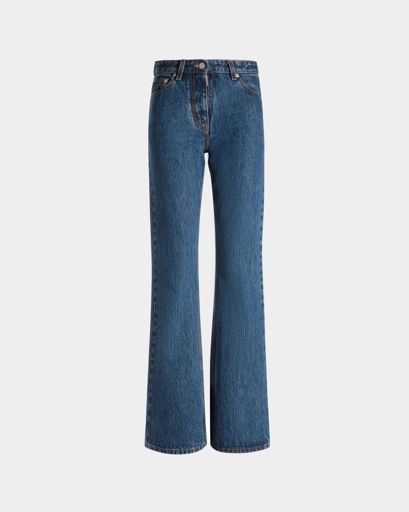 Women's Flared Denim Pants in Medium Blue Cotton | Bally | Still Life Front