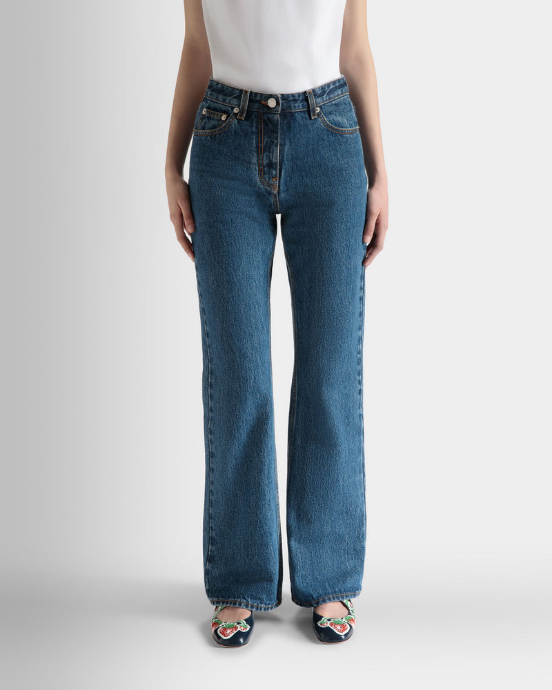 Flared Denim Pants in Medium Blue Cotton