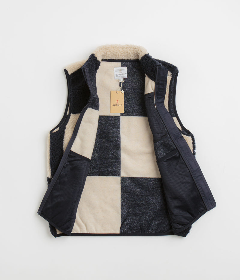 Gramicci Checkered Sherpa Vest in Natural and Navy Check