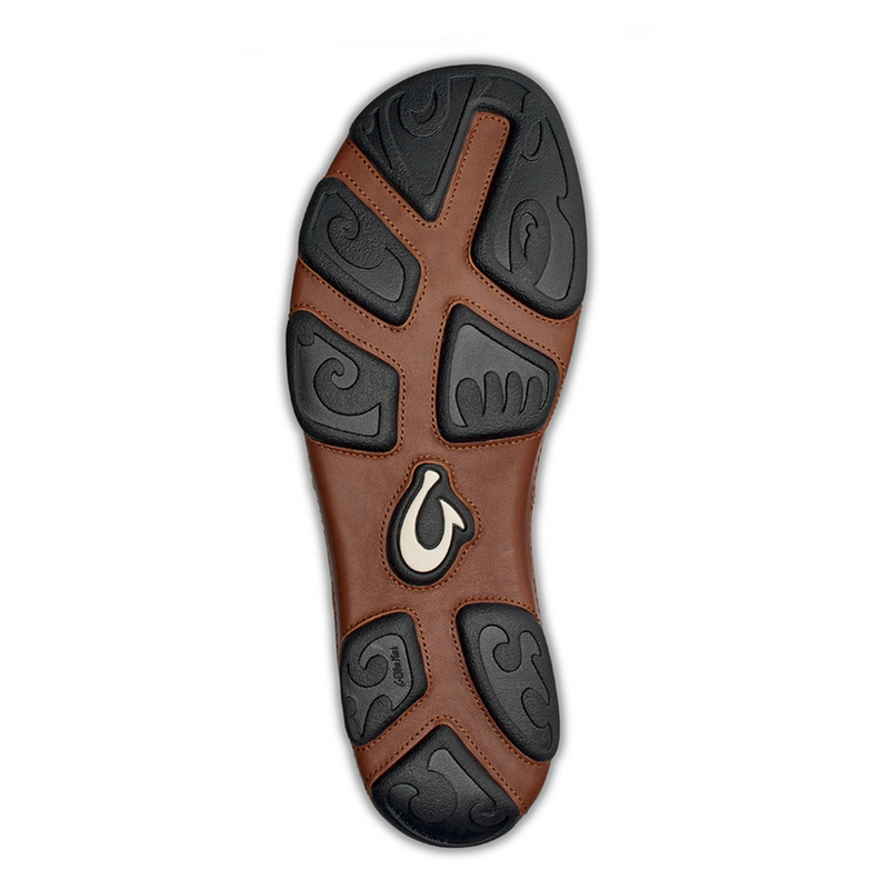 Olukai Moloa. Men's slip-on shoe in black waxed nubuck leather. Sole view.