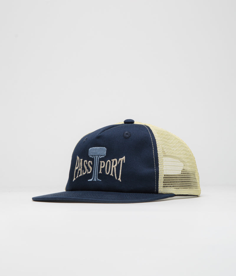 Pass Port Towers Of Water Workers Trucker Cap in Navy and Cream