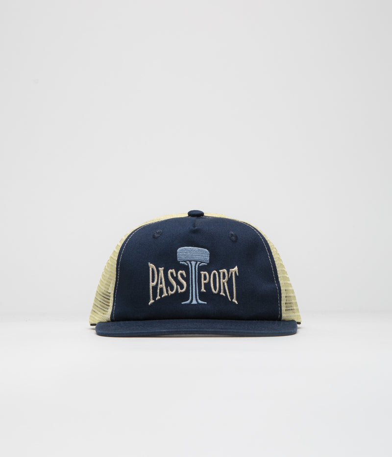 Pass Port Towers Of Water Workers Trucker Cap in Navy and Cream