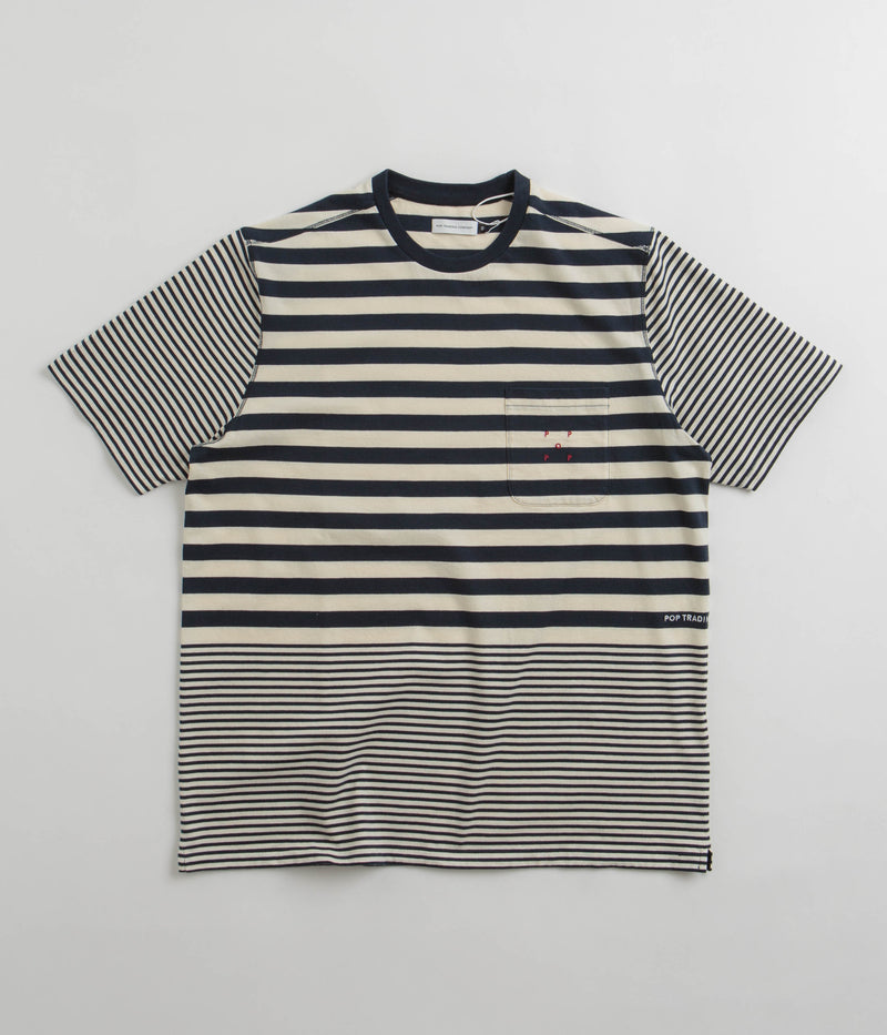 Pop Trading Company Striped Pocket T-Shirt in Navy and Off White