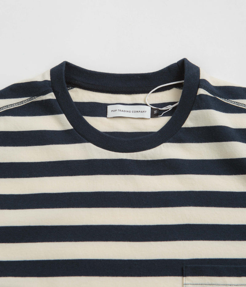 Pop Trading Company Striped Pocket T-Shirt in Navy and Off White