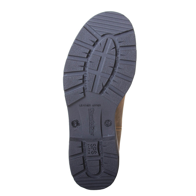 Blundstone Women's 585 Chelsea Boot in Rustic Brown. Built to last. Durable material, with comfortable shock absorption insole. Rubber sole. Bottom view.