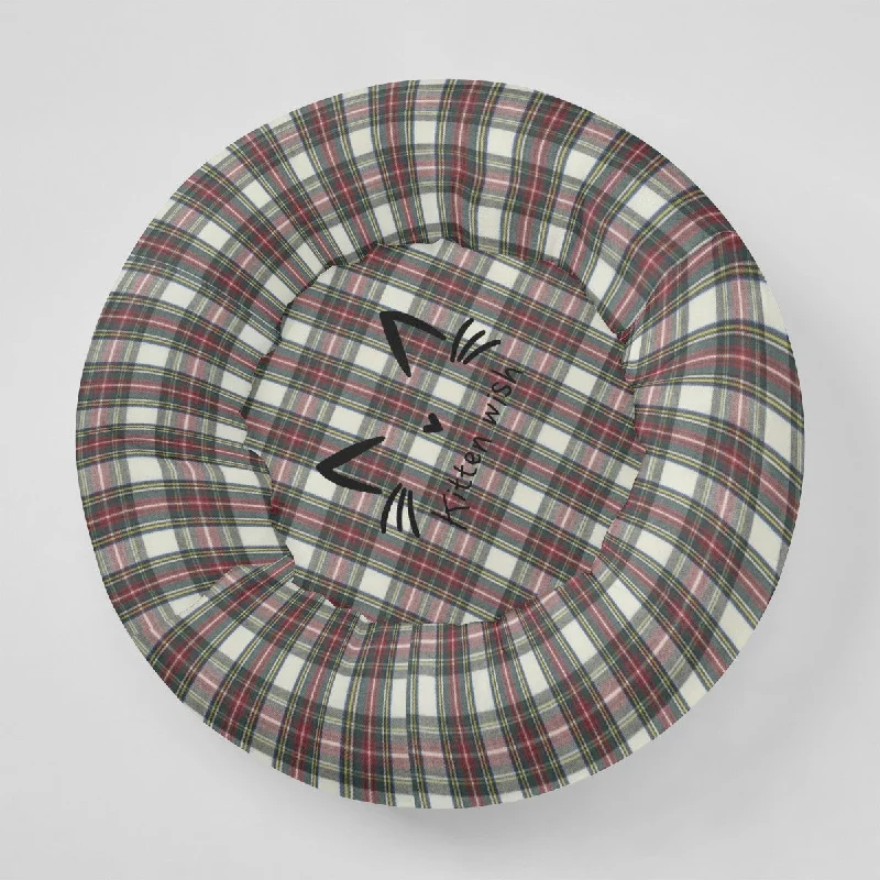 Ivory Plaid Flannel Round Cat Bed