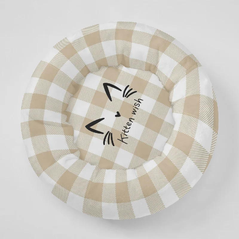 Beige Gingham Flannel Round Cat Bed