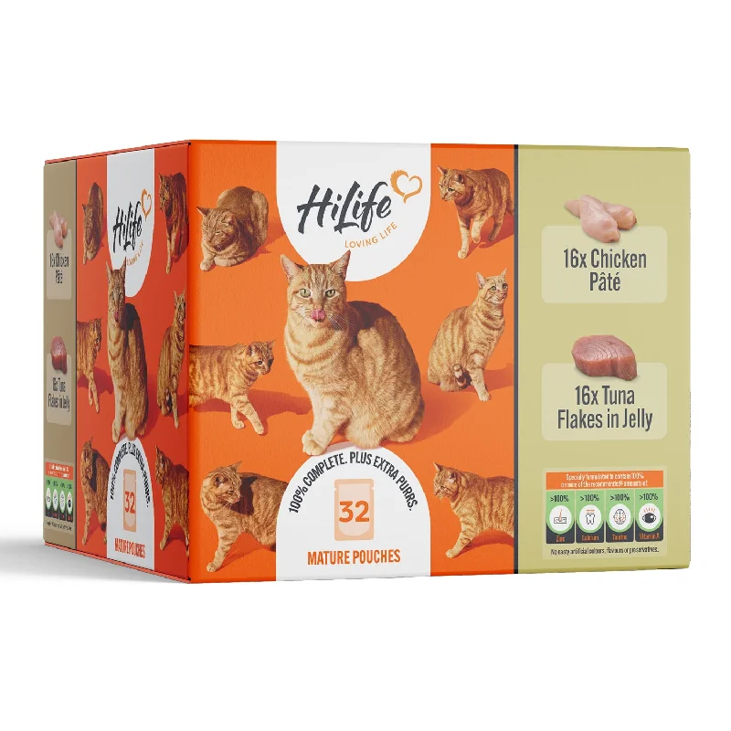 HiLife Mature Cat Chicken Pâté & Tuna Flakes 70g Pouch Selection - 32 Pack