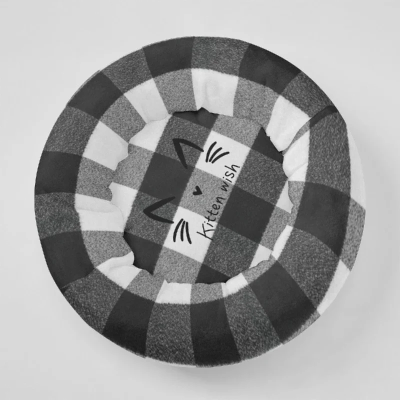 Black and White Plaid Flannel Round Cat Bed