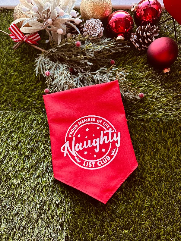 Proud member of the naughty list red bandana for dogs with snaps on