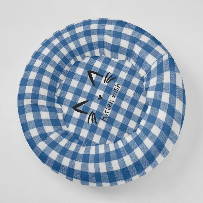 Blue Gingham Flannel Round Cat Bed