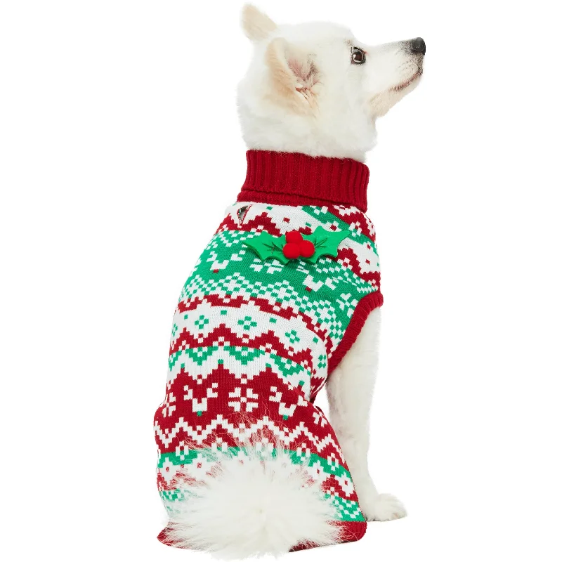 Christmas Reindeer Zigzag Chevron Dog Sweater with Holly Décor